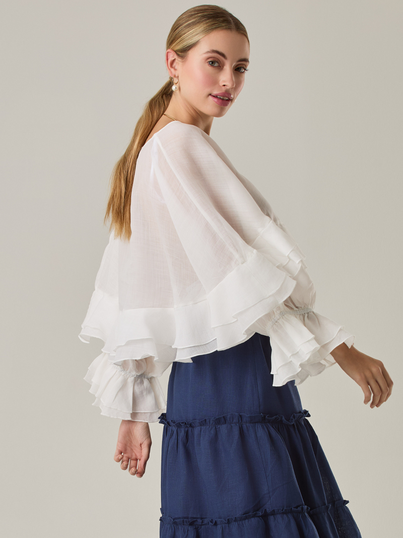 Blusa fluida con un diseño envolvente y detalles en capas que aportan volumen y movimiento. Su escote en V con botones añade un toque delicado, mientras que las mangas amplias con terminación elástica complementan su estilo sofisticado y femenino.

Color: Blanco perla

Material: 57% Rayón 43% Poliester.
