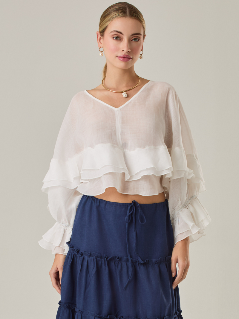 Blusa fluida con un diseño envolvente y detalles en capas que aportan volumen y movimiento. Su escote en V con botones añade un toque delicado, mientras que las mangas amplias con terminación elástica complementan su estilo sofisticado y femenino.

Color: Blanco perla

Material: 57% Rayón 43% Poliester.