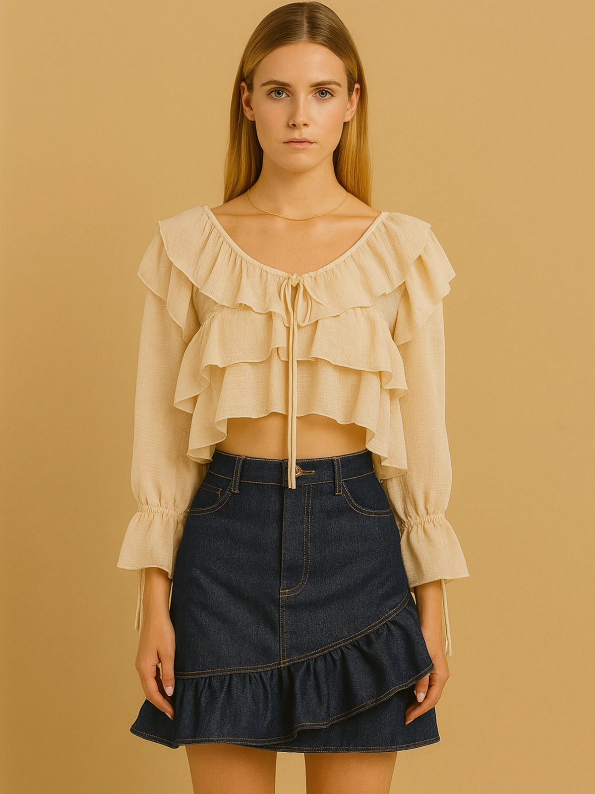 Fresca y femenina, esta blusa corta destaca por sus delicados volantes en el escote y el cuerpo, creando movimiento y suavidad visual. Con mangas largas de puño fruncido y amarre en el escote, es una prenda ideal para looks bohemios y estilismos relajados con un toque romántico. Perfecta para combinar con prendas de tiro alto en ocasiones casuales con estilo.