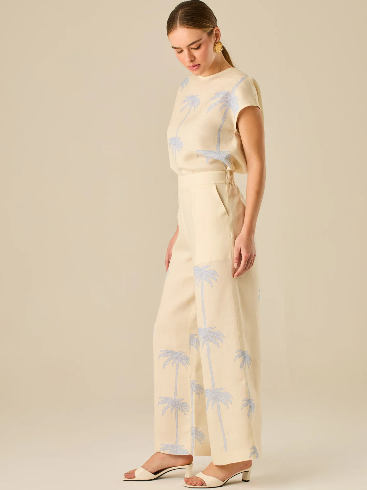 Pantalón de tiro alto con silueta amplia y pierna recta. Confeccionado en tejido liviano y suave, presenta estampado de palmeras a lo largo de ambas piernas que aporta un aire tropical y relajado. Su diseño estructurado combina comodidad y estilo, ideal para días de verano con un toque distintivo.

Detalles:

Color: Sand