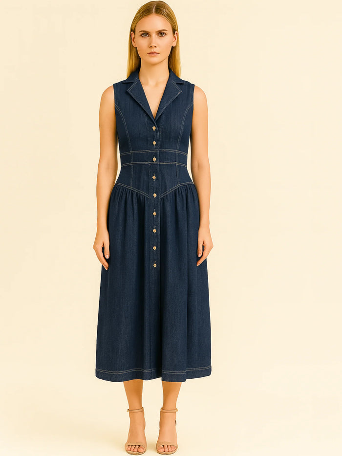 Con una silueta definida y detalles sastre, este vestido midi ofrece un estilo estructurado y femenino. El diseño sin mangas, cuello tipo blazer y costuras marcadas crean un look pulido y contemporáneo. Ideal para días casuales con elegancia o eventos informales donde la comodidad y el estilo se encuentran.